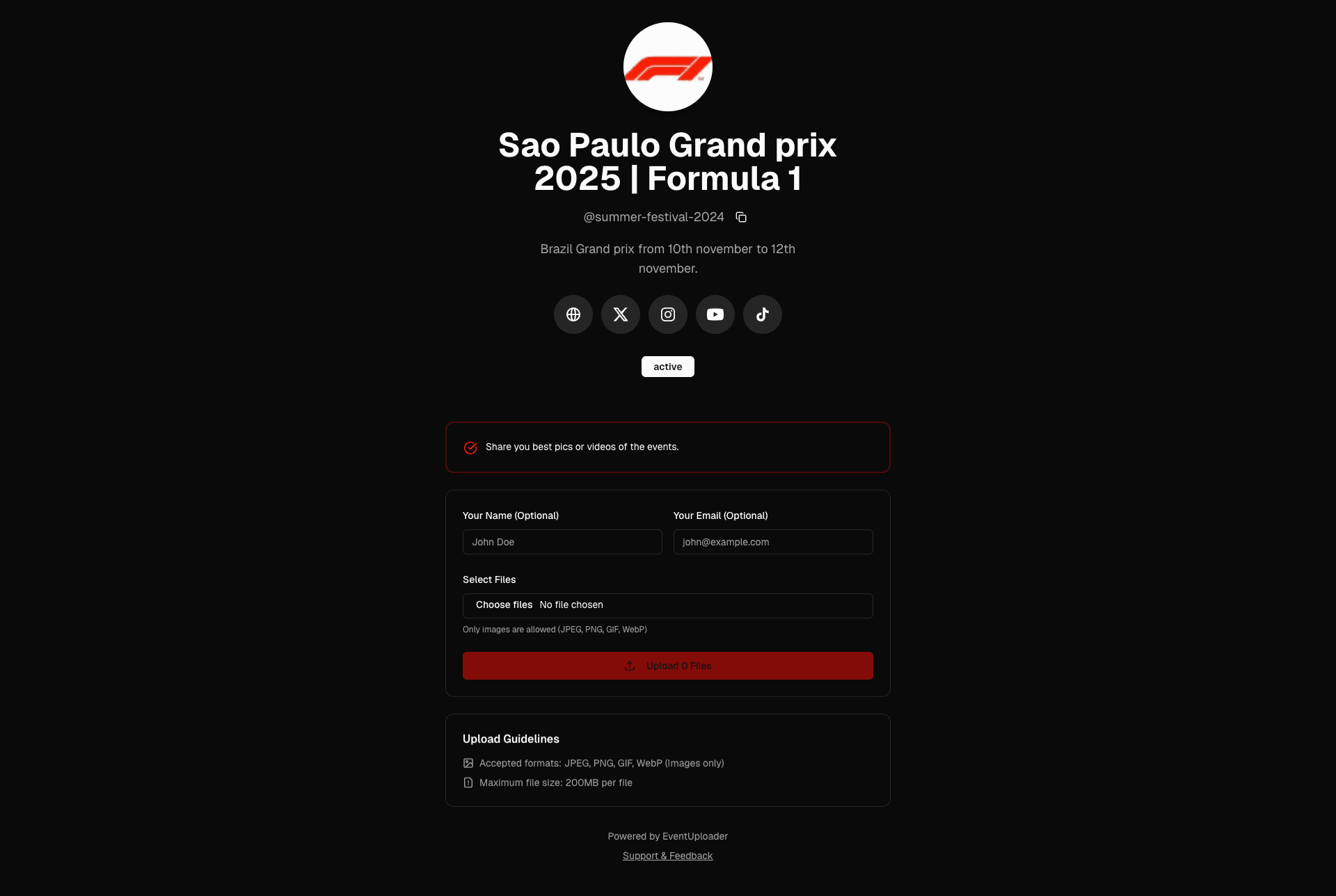 Example event upload page